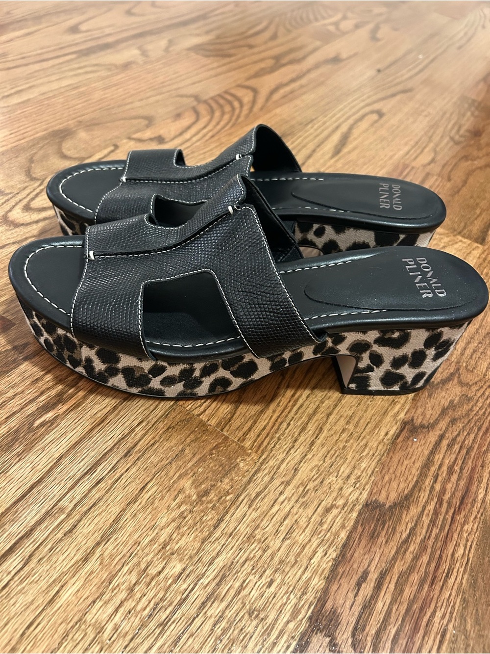 Donald J. Pliner Black Leather Slide Mules with Leopard-Print Platform